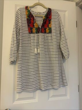 Striped Boho Tunic with Colorful Embroidered Yoke
